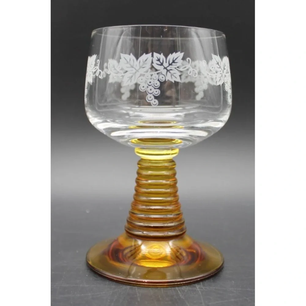 Vintage Romer Cordial Glasses Amber Beehive Stem Gold White Floral Set of 2